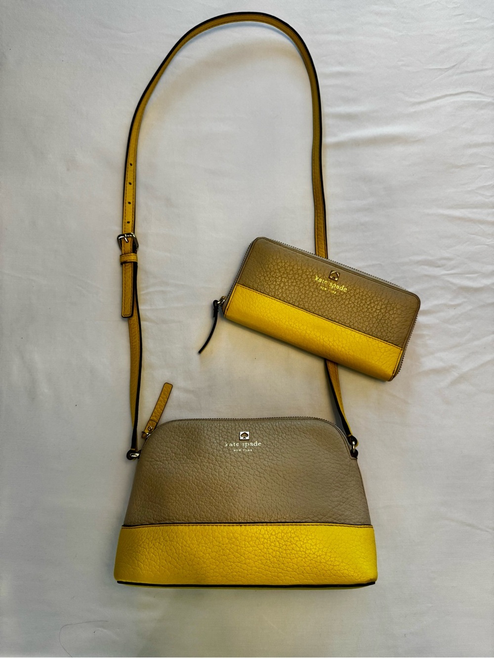 kate spade Taupe and Yellow Leather Crossbody with Matching Wallet